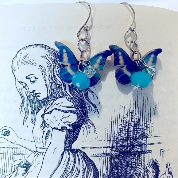 Sterling‎ silver blue theme wood butterfly earrings nwt - Picture 3 of 6